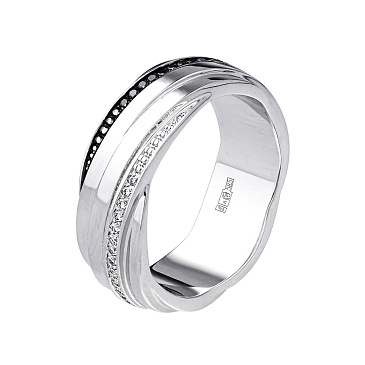Кольцо из белого золота с дорожкой черных и белых бриллиантов 921592ЧБ