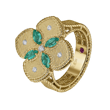 Дизайнерское кольцо с изумрудами, бриллиантами и рубином 931841И
